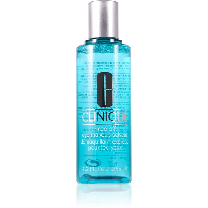 Clinique Rinse-Off Eye Makeup Solvent 125 ml fjerner øyesminke raskt i en gjennomsiktig blå flaske med sølvkork.