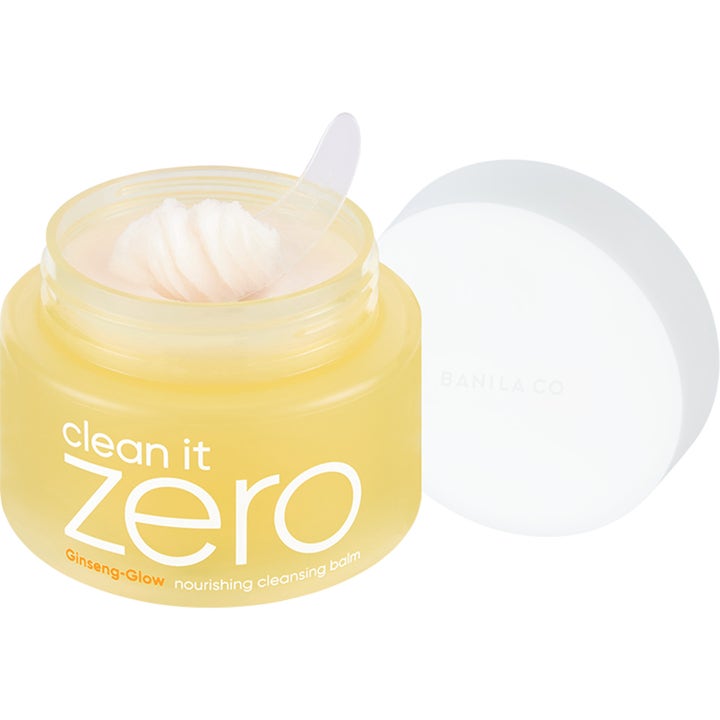Banila Co Clean it Zero Nourishing 100 ml ansiktsrens i gul krukke med hvit balm og spatel