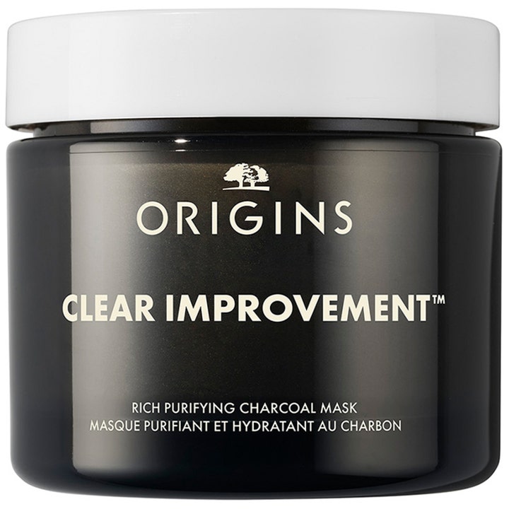 Origins Clear Improvement Rich Purifying Mask 75 ml rensende kullmaske i mørk krukke med hvitt lokk