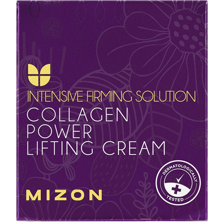 Mizon Collagen Power Lifting Cream 75 ml oppstrammende ansiktskrem i lilla eske med mønster og gul tekst.