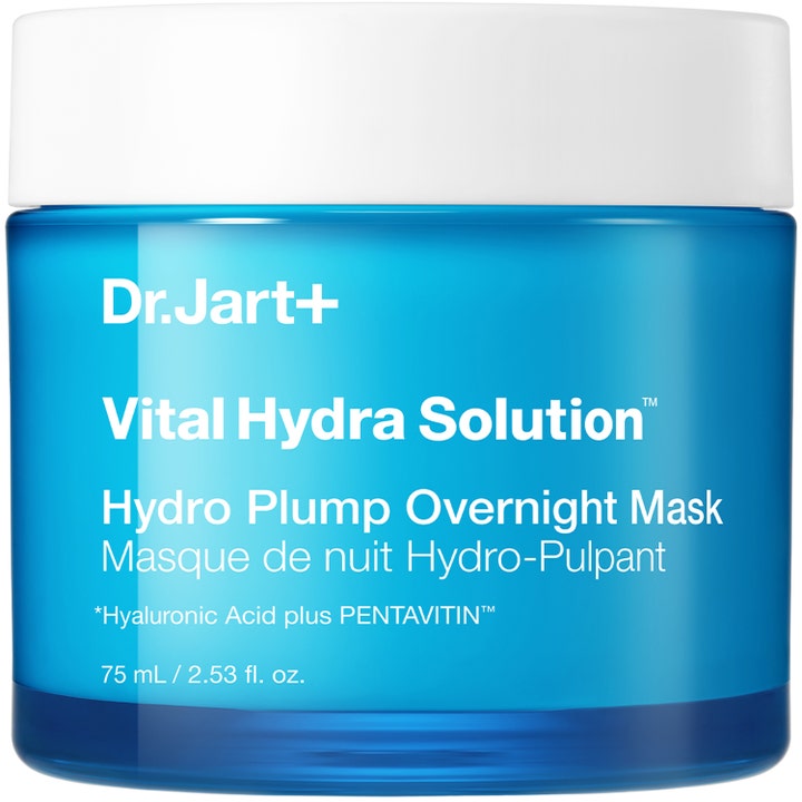 Dr. Jart+ Vital Hydra Solution Hydro Plump Overnight Mask 75 ml fuktighetsgivende nattmaske i blå krukke med hvitt lokk.