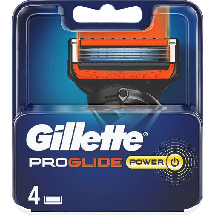 Gillette ProGlide Power 4-pack barberblader for tett barbering i blå pakning med oransje detaljer og fem blader