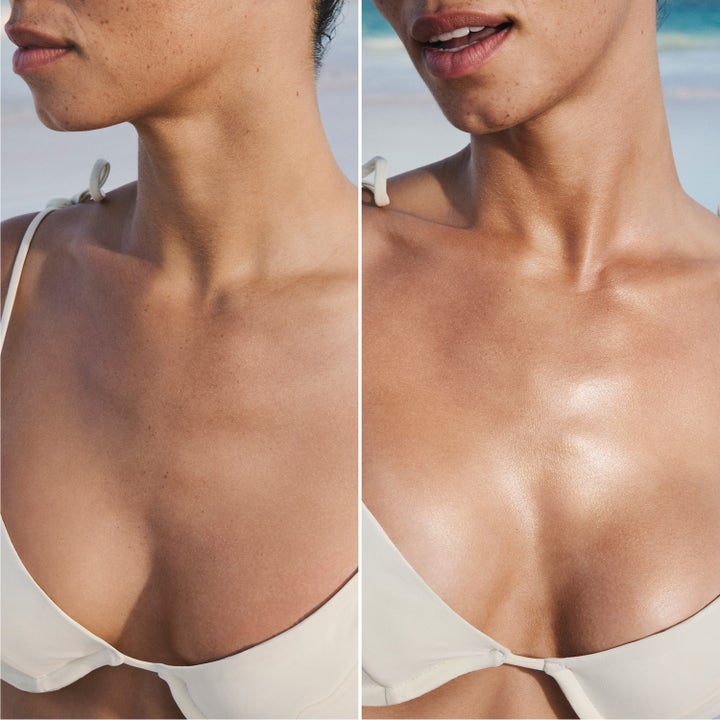 Sol de Janeiro Copacabana Bronze Glow Oil 75 ml kroppsolje gir glødende bronsefinish vist i før og etter-resultat.