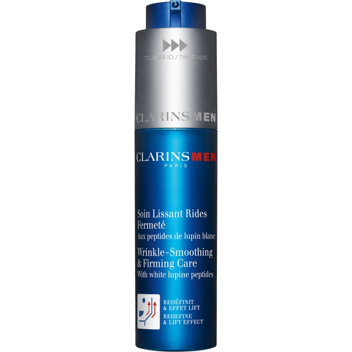 Clarins Men Wrinkle-Smoothing & Firming Care 50 ml oppstrammende ansiktskrem i blå sylindrisk beholder med sølvtopp.