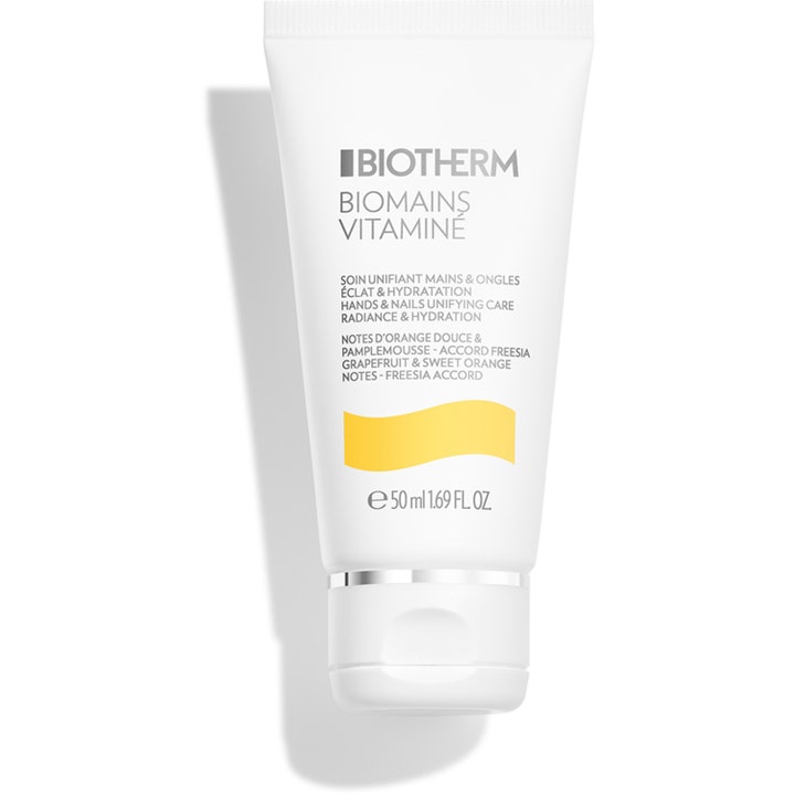 Biotherm Biomains Vitaminé 50 ml fuktighetsgivende håndkrem i hvit tube med gul detalj og sølvkant.