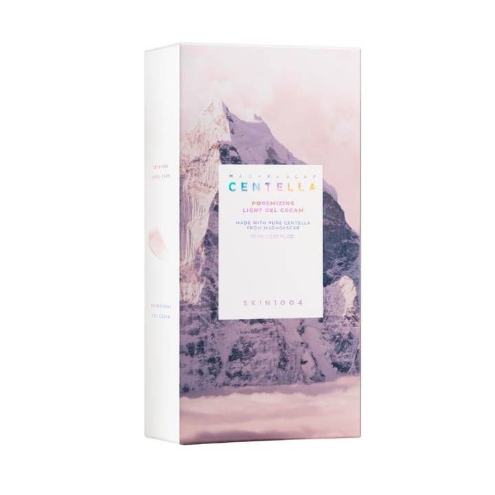 SKIN1004 Madagascar Centella Poremizing Light Gel Cream 75 ml pore-minimerende ansiktskrem i hvit eske med fjellmotiv.