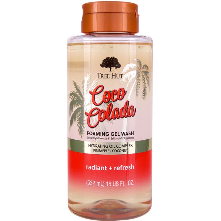 Tree Hut Coco Colada Foaming Gel Wash 532 ml fuktighetsgivende dusjsåpe i klar flaske med oransje kork og palmedekor