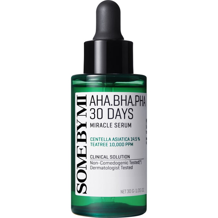 Some By Mi AHA.BHA.PHA 30 Days Miracle Serum 30g eksfolierende serum i grønn glassflaske med svart pipette