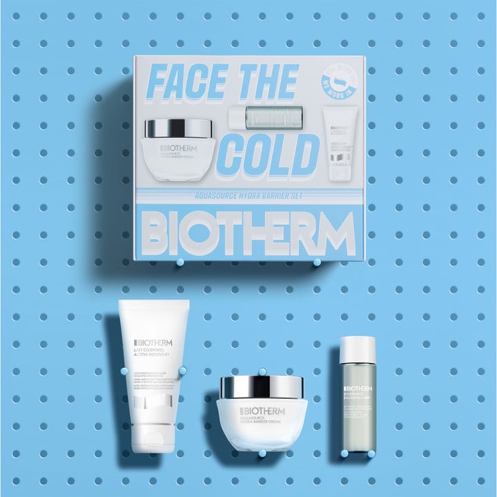 Biotherm Hydra Barrier Set 1 stk fuktighetsgivende hudpleiesett med ansiktskrem og rens på blå hullplate.