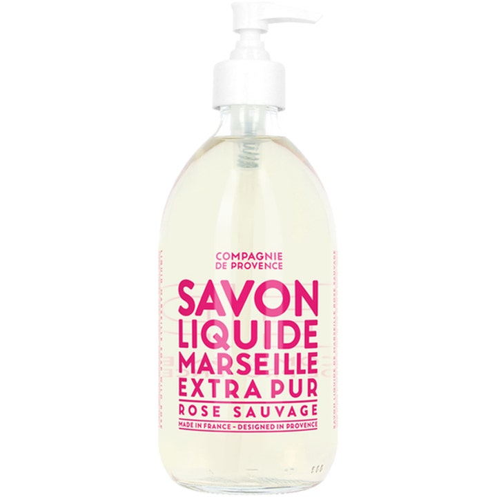 Compagnie de Provence Savon Liquide Rose Sauvage 500ml flytende såpe i glassflaske med hvit pumpe og rosa tekst
