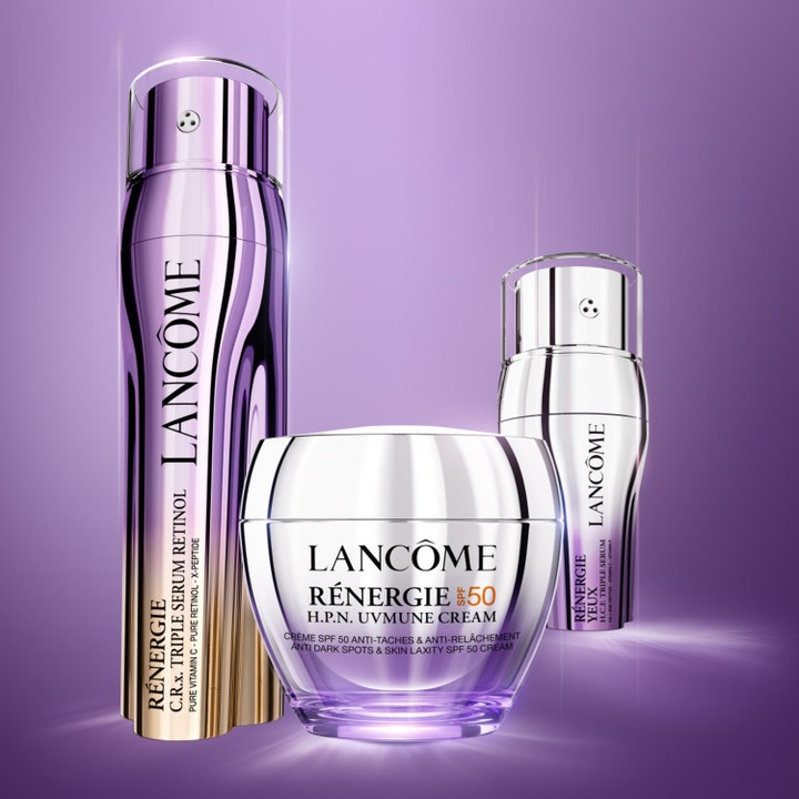 Lancôme Rénergie H.P.N. UVMUNE Cream 30 ml dagkrem med SPF 50 i lilla glasskrukke foran matchende serumflasker.