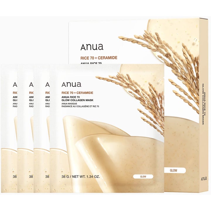Anua Rice 70 + Ceramide Glow Collagen Mask 38 g gir glød i hvite poser med illustrasjon av ris.