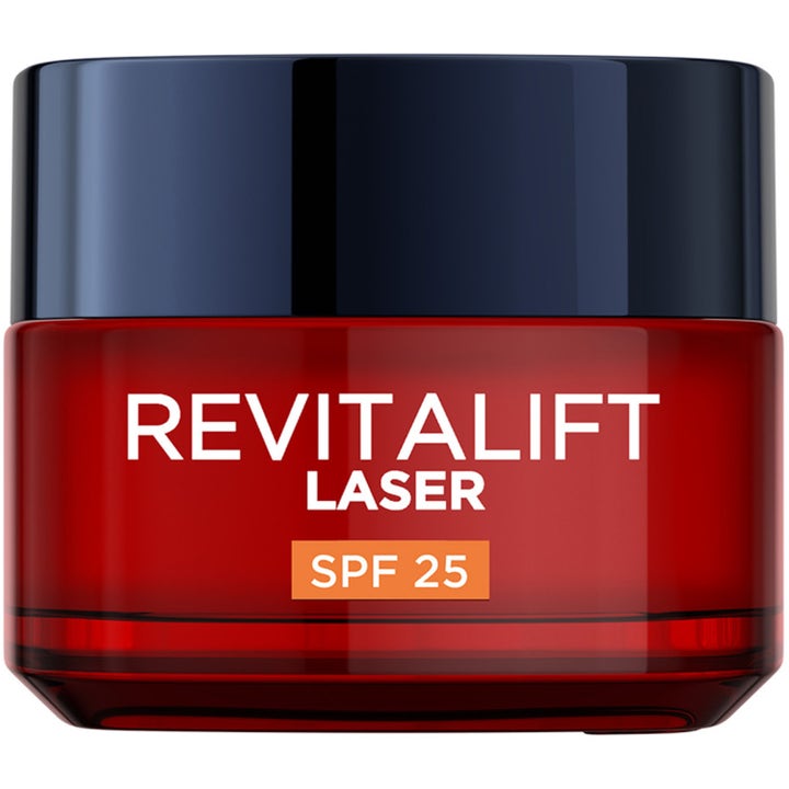 L'Oréal Paris Revitalift Laser 50ml anti-age dagkrem med SPF 25 i en rød glasskrukke med mørkeblått lokk