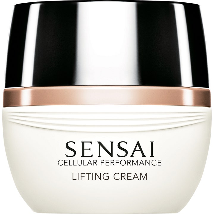 Sensai Cellular Performance Lifting Cream oppstrammende ansiktskrem i hvit krukke med rosegullbånd og glansfullt sort lokk