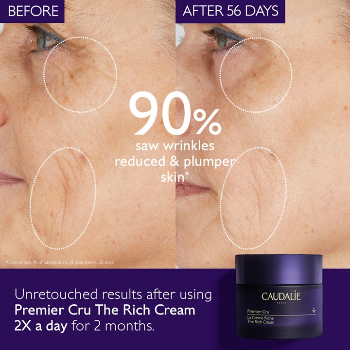 Caudalie Premier Cru The Rich Cream 50 ml ansiktskrem før og etter bruk som gir synlig reduserte rynker