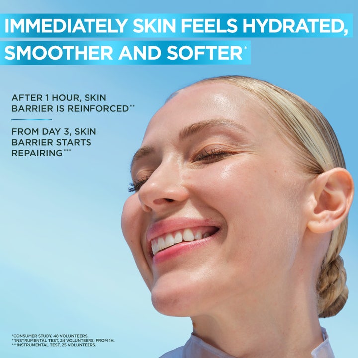 Garnier Hyaluron+ Barrier Repair Serum 30 ml fuktighetserum vist på kvinne med tekst om mykere og glattere hud.