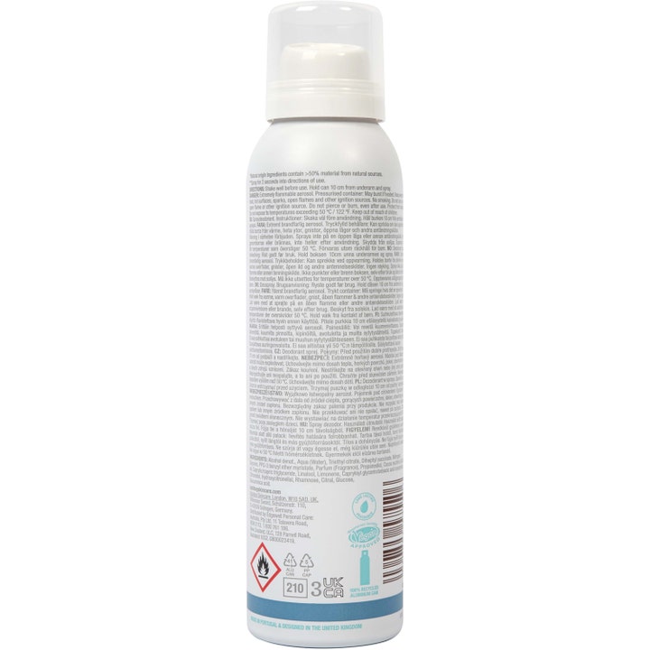 Bulldog Spray Deodorant Fresh Mint & Cedarwood 125 ml baksiden av hvit aluminiumsboks med ingrediensliste.