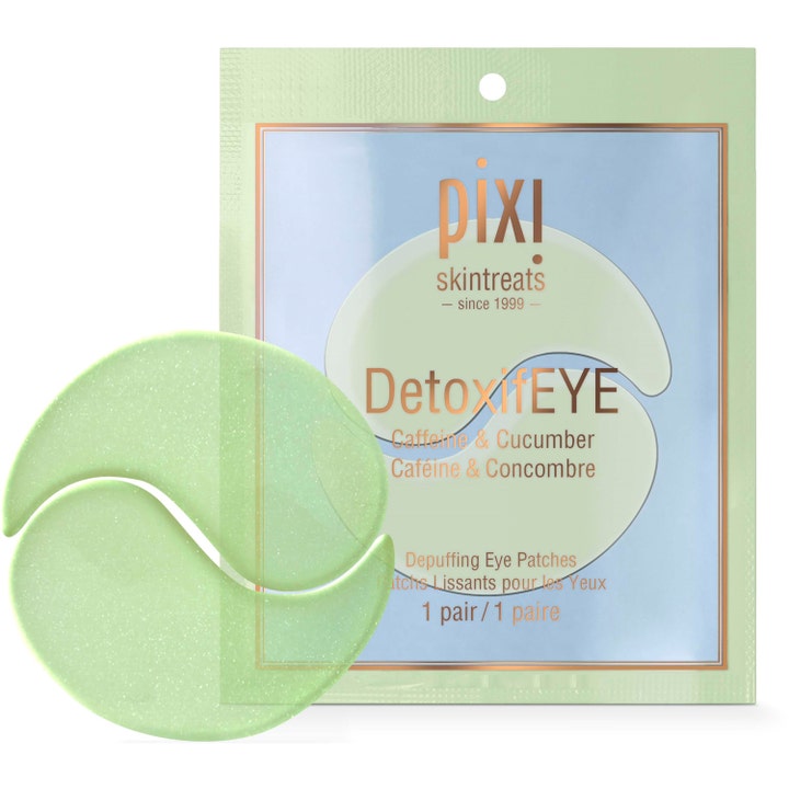 Pixi DetoxifEYE 1 par oppstrammende øyemasker som demper hevelser med lysegrønne glitrende hydrogel-patches.