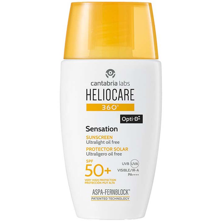 Heliocare 360 Sensation SPF 50+ ultralett solkrem i hvit plastflaske med gult gjennomsiktig lokk