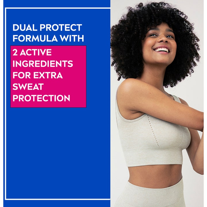 NIVEA Dry Comfort Roll On 25 ml antiperspirant viser smilende kvinne i treningstopp med Dual Protect Formula