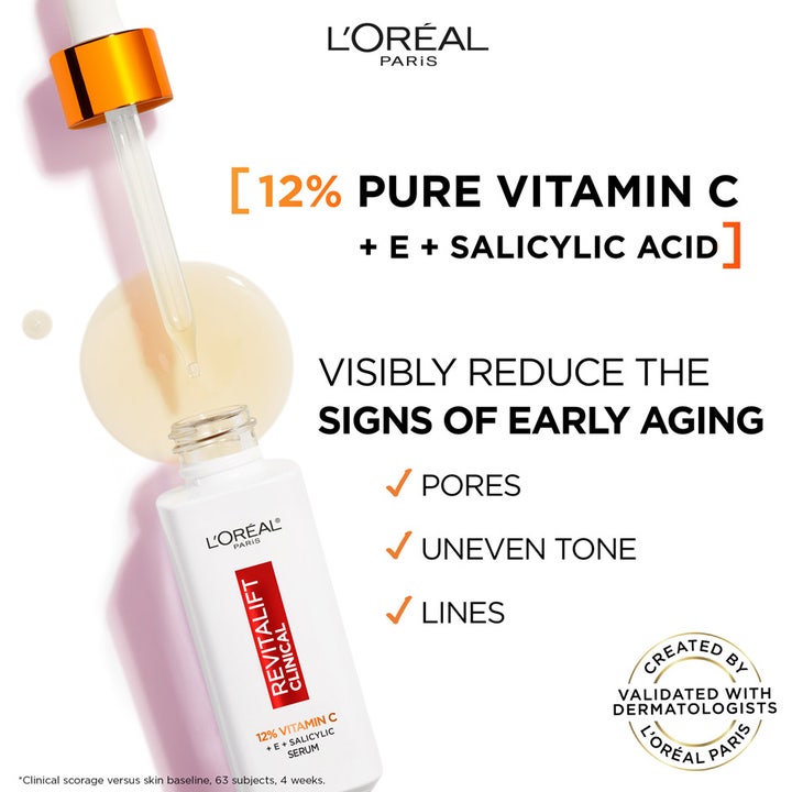 L'Oréal Paris Revitalift Clinical 12% Vitamin C Serum 30 ml viser pipette og tekst om reduserte porer og linjer