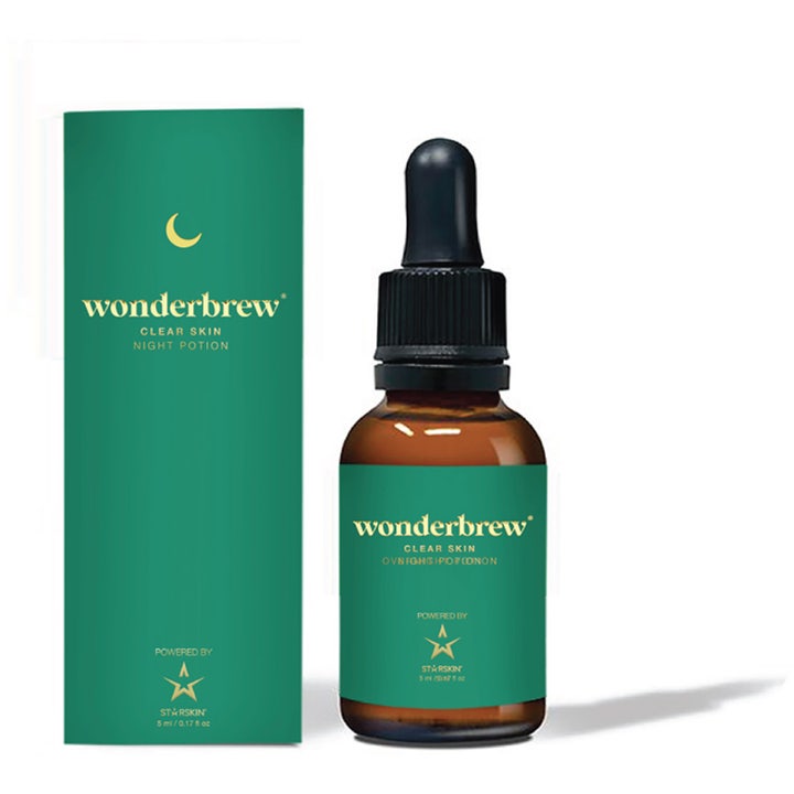 Wonderbrew Clear Skin Night Potion 5 ml nattserum som gir klarere hud i ravfarget glassflaske og grønn eske