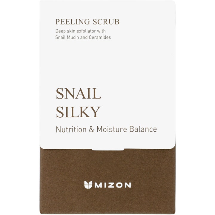 Mizon Snail Silky Peeling Scrub 5 g eksfolierende ansiktsskrubb med snigelslem og ceramider i hvit og brun sachet