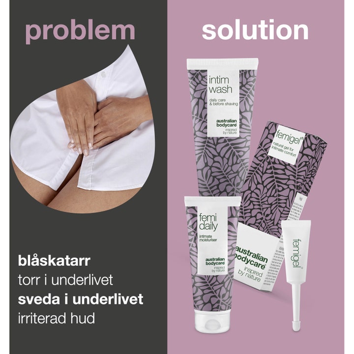 Australian Bodycare Intimate Treatment Kit 325 ml mot irritert hud med Intim Wash, Femigel og Femi Daily tuber.