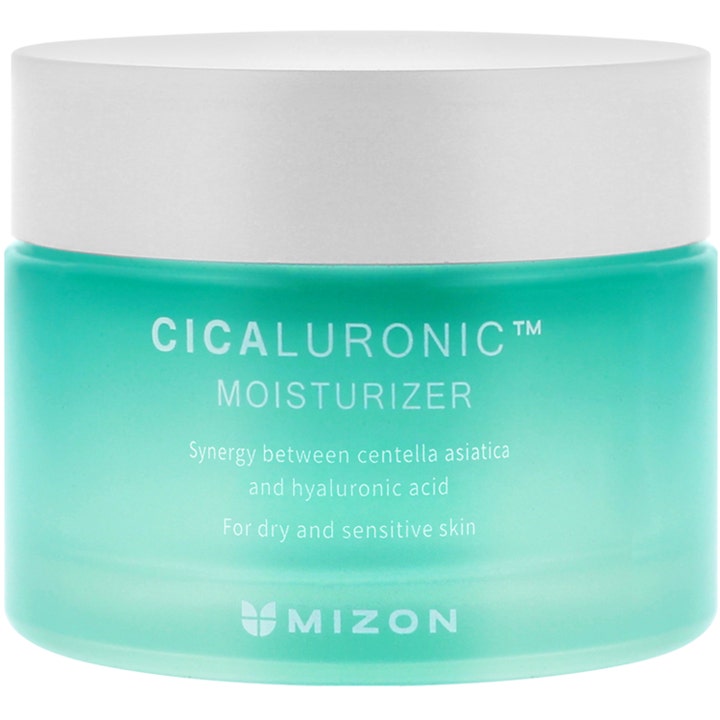 Mizon Cicaluronic Moisturizer 80 ml fuktighetskrem i turkis glasskrukke med hvitt lokk som beroliger huden