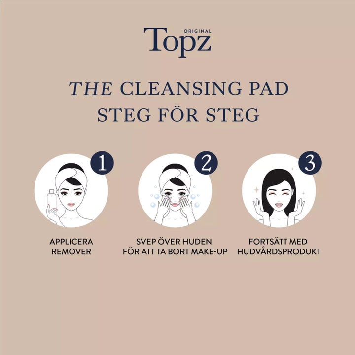 Topz Premium The Cleansing Pad 40 stk hudpleieverktøy infografikk som viser tre steg for fjerning av sminke
