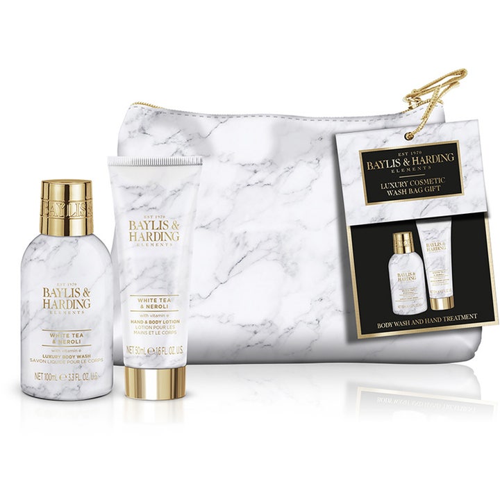 Baylis & Harding Elements White Tea & Neroli 150ml gaveesett med marmormønstrede flasker og hvit toalettmappe med gull.
