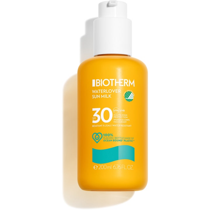 Biotherm Waterlover Sun Milk 200ml solkrem SPF 30 i gul flaske med hvit pumpe og svanemerke-logo