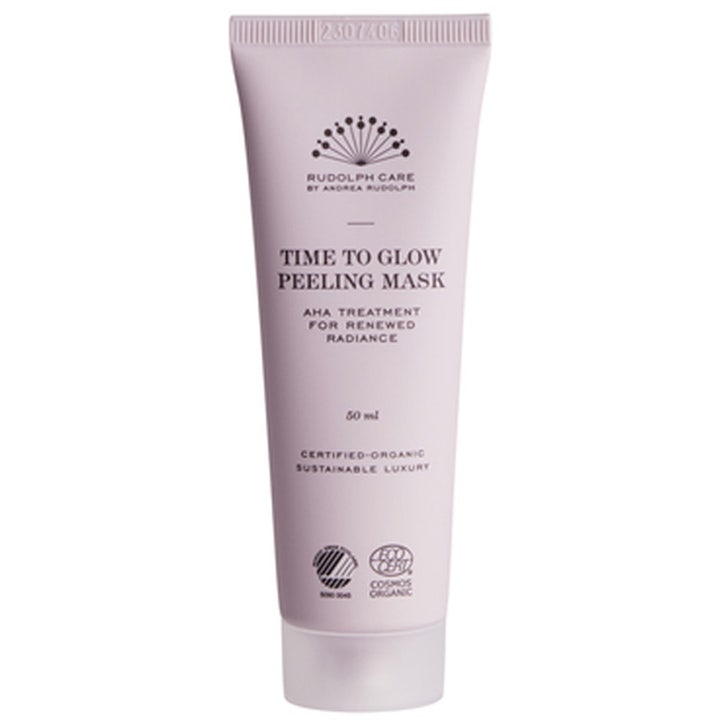 Rudolph Care Time to Glow Peeling Mask 50 ml eksfolierende AHA-maske som gir glød i en lys rosa tube med hvit kork.