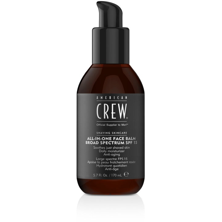 American Crew All-In-One Face Balm 170 ml beroligende aftershave med SPF 15 i mørk flaske med svart pumpe