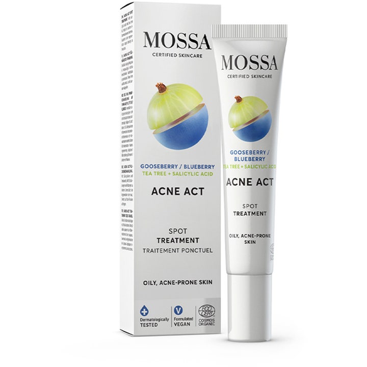 MOSSA ACNE ACT Spot Treatment 10 ml punktbehandling som motvirker urenheter i hvit tube og eske med bærdekor.