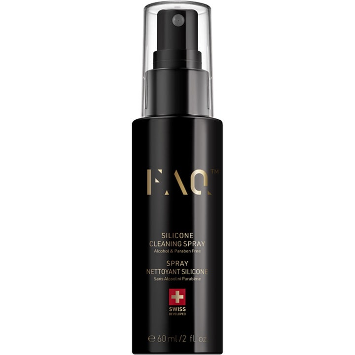 FAQ Silicone Cleaning Spray 60 ml rengjøringsspray for silikon i elegant svart flaske med gullogo og klar sprayhette