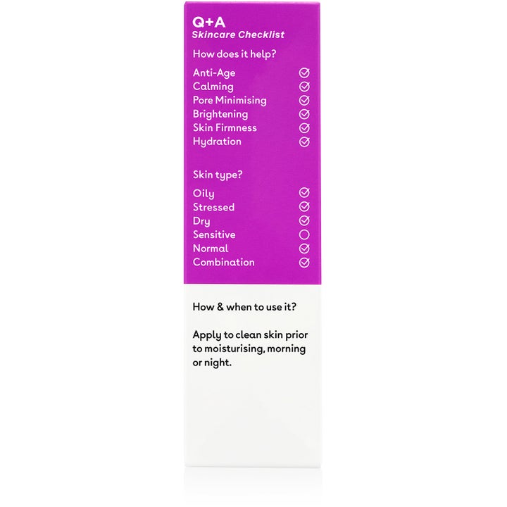 Q+A Azelaic Acid Facial Serum 30 ml beroligende ansiktsserum i lilla eske med sjekkliste og fordeler