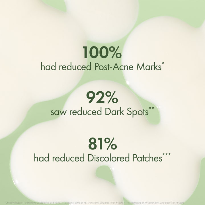 Origins Mega-Mushroom Serum 30 ml som lysner huden viser hvit tekstur og kliniske resultater for mørke flekker.