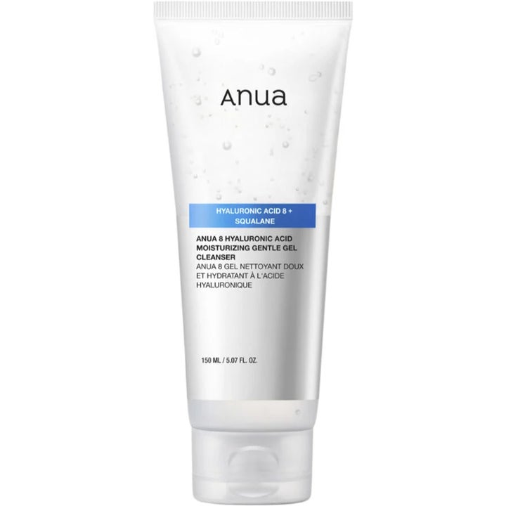 Anua 8 Hyaluronic Acid Moisturizing Gentle Gel Cleanser 150 ml fuktgivende rens i hvit tube med blå etikett og klar gel.