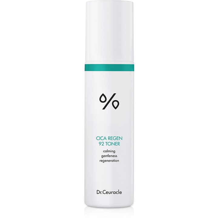 Dr. Ceuracle Cica Regen 92 Toner beroligende ansiktstoner i hvit flaske med grønn stripe og hvit kork