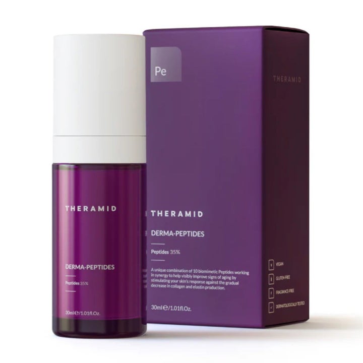 Niche Beauty Lab Peptide Power 80 ml styrkende ansiktsserum i lilla flaske med hvit kork og matchende lilla eske.