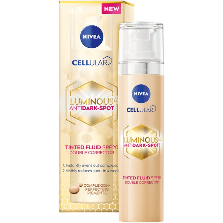 Nivea Luminous 630 Cellular Anti Dark-Spot Tinted Fluid 40 ml dagkrem mot pigmentflekker i pumpeflaske med SPF 20
