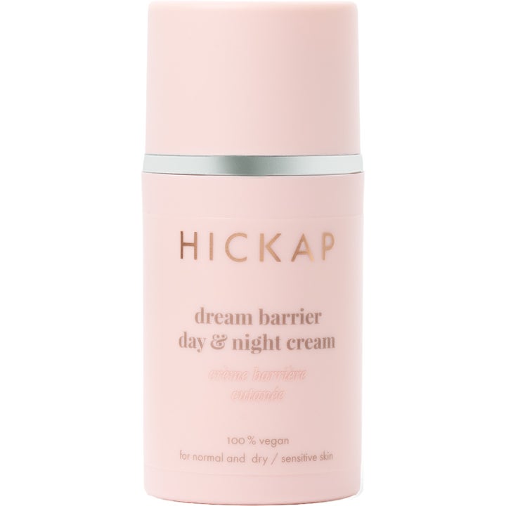 Hickap Dream Barrier Day & Night Cream 50ml styrkende ansiktskrem i en lys rosa sylindrisk flaske med sølvdetaljer
