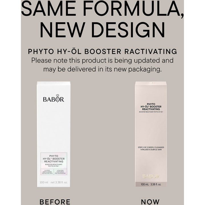 Babor Phyto HY-ÖL Booster Reactivating 100 ml ansiktsrengjøring i ny frostet flaske med hvit pumpe som gir glød.