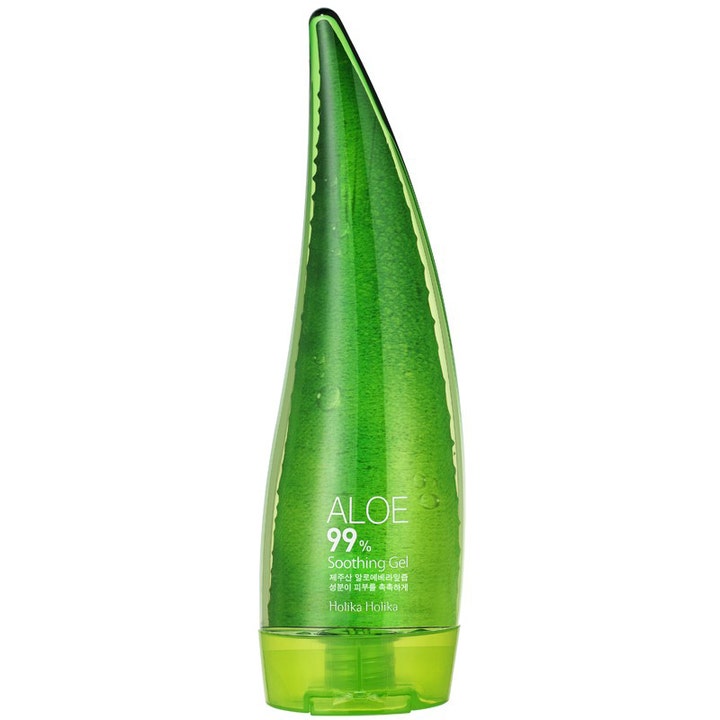 Holika Holika Aloe 99% Soothing Gel 250ml beroligende gel i grønn gjennomsiktig flaske formet som et aloe vera-blad