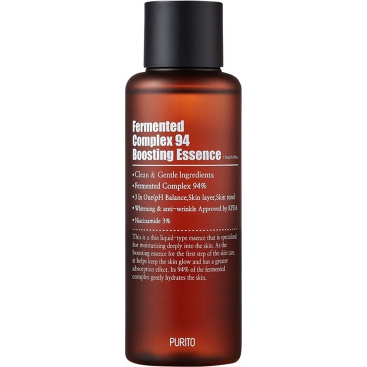 Purito Fermented Complex 94 Boosting Essence 150 ml glødgivende ansiktstoner i brun plastflaske med sort kork