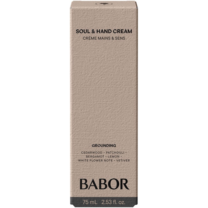 Babor Soul & Hand Cream 75 ml pleiende håndkrem i beige strukturert eske merket Grounding og Cedarwood.