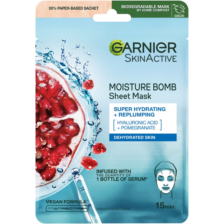 Garnier SkinActive Moisture Bomb Sheet Mask 28g fuktighetsmaske med granateple og hyaluronsyre i blå pose
