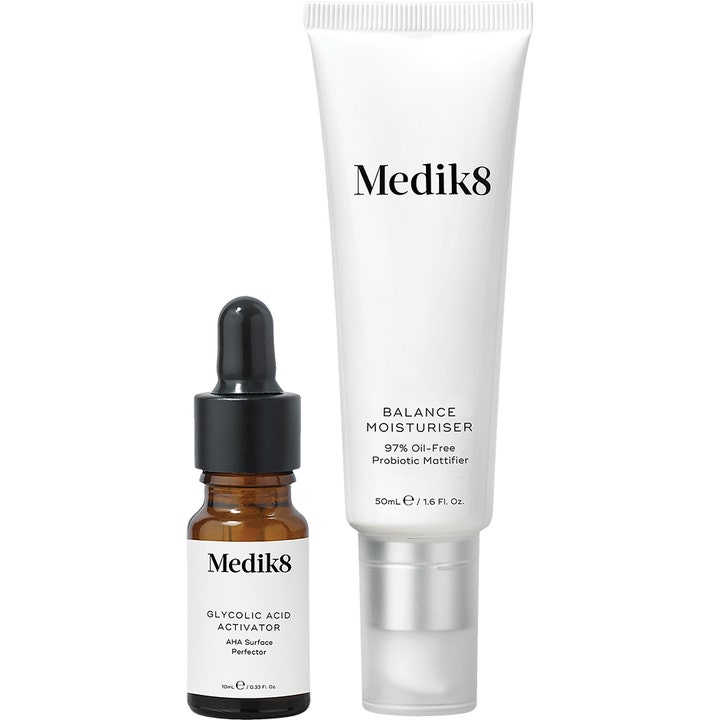Medik8 Balance Moisturiser 50ml og Glycolic Acid Activator 10ml mattende ansiktskrem i hvit tube og brun glassflaske