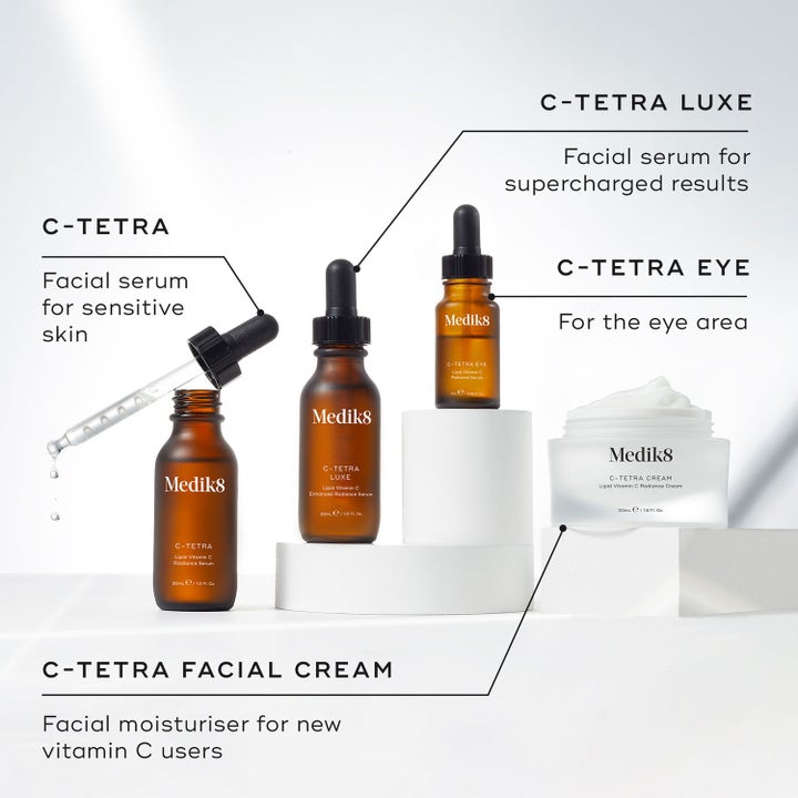 Medik8 C-Tetra Eye 7 ml øyeserum med vitamin C i en liten brun glassflaske med pipett på en hvit sokkel